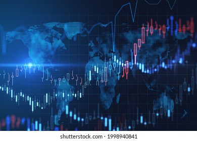 Creative glowing forex background with map. Trade and global market concept. 3D Rendering