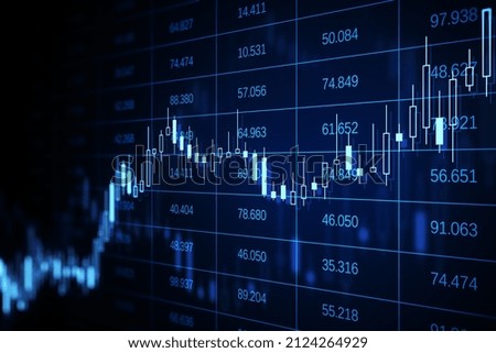 Creative glowing forex chart grid and big data hologram on dark background. Trade, technology and finance concept. 3D Rendering