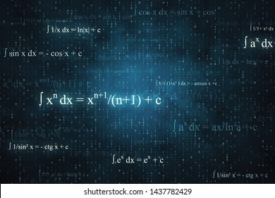Creative glowing mathematical formulas background with equations. Math, algorithm and complex concept. 3D Rendering 