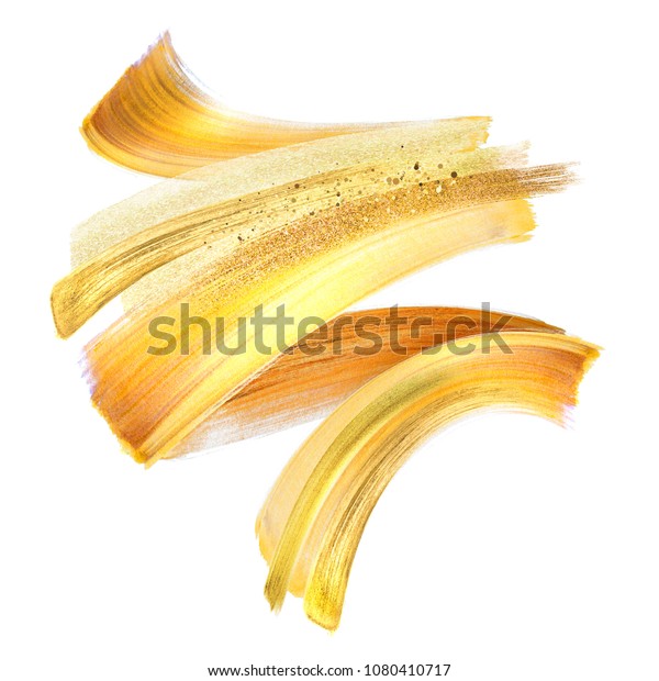 白い背景にクリエイティブな金色のブラシストローククリップアート ダイナミックな水色の塗り 金色の黄色のペイントテクスチャー アクリリキ グランジ 輝き シマー 化粧品 のイラスト素材
