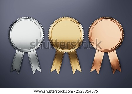 Creative golden, copper and silver awards with ribbons on gray background. Mock up place. 3D Rendering