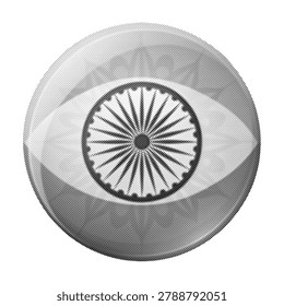 A creative graphic design featuring a human eye where the iris is replaced by the Ashoka Chakra, representing wisdom, progress, and Indian heritage.