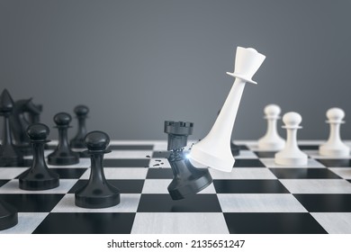 Creative Gray Chess Backdrop With Breaking Figures. Battle, Match And Strenght Concept. 3D Rendering