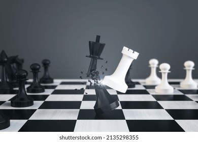 Creative Gray Chess Background With Breaking Figures. Battle, Match And Strenght Concept. 3D Rendering