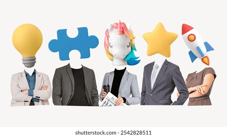 A creative group of diverse professionals, people with playful head replacements like a light bulb, puzzle piece, and unicorn, showcasing innovation and teamwork concept. - Powered by Shutterstock