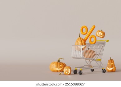 Creative Halloween sale concept with a shopping cart filled with carved pumpkins and large percentage signs, on minimalist background, symbolizing seasonal discounts and promotions. 3D Illustration - Powered by Shutterstock