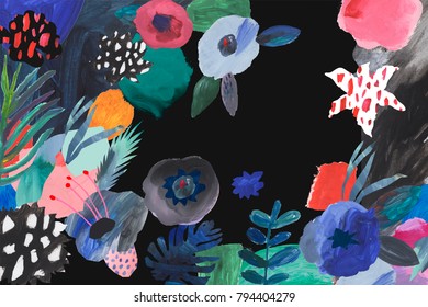 Creative Hand Drawn Flowers. Painted Art Background