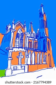 Creative Hand Drawn Illustration Of Gothic Church. Tourism Poster Template, Religious Culture Flyer, Christian Banner. Old Catholic Temple On Blue Sky Background. Catholicism Concept. Romanism Idea.