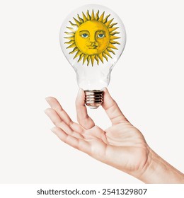 A creative hand holding a light bulb with a sun design. This artistic light bulb symbolizes creativity and inspiration, showcasing a unique blend of art and functionality.