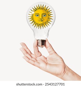 A creative hand holding a light bulb with a sun design. This artistic light bulb symbolizes creativity and inspiration, showcasing a unique blend of art and functionality.