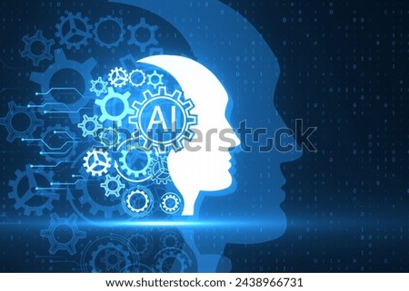 Creative head outline and cogs ai hologram on dark blue tech background. Artificial intelligence and machine learning concept. 3D Rendering