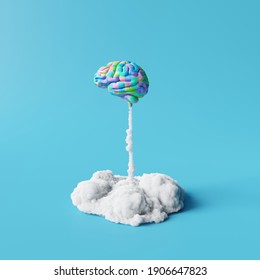 Creative Idea, Colorful Brain Rocket On Blue Background. Minimal Concept. 3d Rendering