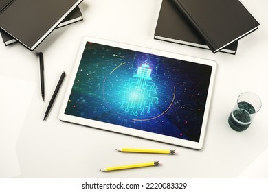 Creative idea concept with light bulb and microcircuit illustration on modern digital tablet screen. Neural networks and machine learning concept. Top view. 3D Rendering