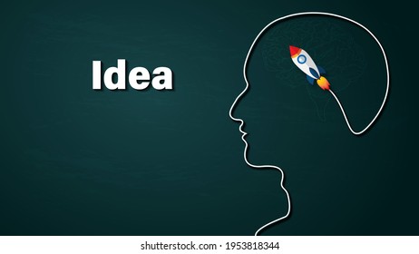 Creative idea rocket startup and brain on Chalkboard background as think and brainstorm concept. 3d illustration