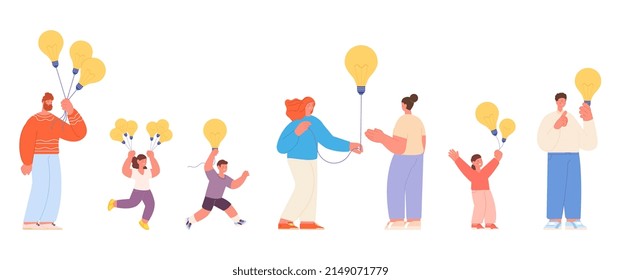 Creative Ideas. Adults Children With New Idea, Happy Creativity. Sharing Thoughts And Inspire. Collaboration And Business Start Metaphor, Characters