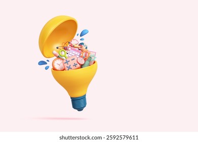 creative ideas light bulb work or study online learning education internet for school timetable science technology imagination with pencil clock rocket pastel object. clipping path. 3D Illustration.