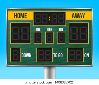 Creative Illustration Of American Football Scoreboard With Infographics Isolated On Background. Art Design Sport Game Score With Digital LED Dots. Abstract Concept Graphic Element.