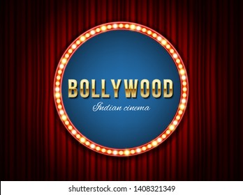 Creative Illustration Of Bollywood Cinema Background. Art Design Indian Movie, Cinematography, Theater Banner Or Poster Template. Abstract Concept Graphic Film Board Element On Red Curtains