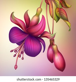 creative illustration of fuchsia flower with green leaves isolated