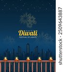 Creative illustration greeting card of diwali festival realistic oil lamp on railing with night city background for Diwali celebration.