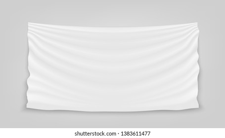 Creative Illustration Of Hanging Empty White Cloth Isolated On Background. Art Design Banner Fabric Textile With Shadow. Blank Flag. Abstract Concept Graphic Element