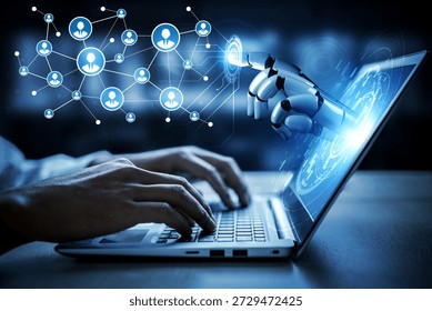 A creative illustration of a human hand interacting with a laptop, featuring a robotic hand and digital network connections to symbolize advanced technology and innovation. Tessel
