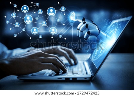 A creative illustration of a human hand interacting with a laptop, featuring a robotic hand and digital network connections to symbolize advanced technology and innovation. Tessel