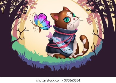 Creative Illustration   Innovative Art: Cat Hero Start Adventure! Realistic Fantastic Cartoon Style Artwork Scene  Wallpaper  Story Background  Card Design
