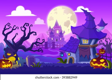 Creative Illustration and Innovative Art: Halloween Town. Realistic Fantastic Cartoon Style Artwork Scene, Wallpaper, Story Background, Card Design

