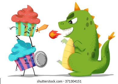 Creative Illustration   Innovative Art: Ice Cream Guardians Fight and Dinosaur Monster  Realistic Fantastic Cartoon Style Artwork Scene  Wallpaper  Story Background  Card Design
