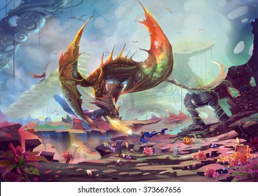 Creative Illustration and Innovative Art: Knight fights with Dragon in Treasure Land. Realistic Fantastic Cartoon Style Artwork Scene, Wallpaper, Story Background, Card Design