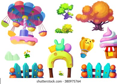 Creative Illustration and Innovative Art: Nature and Playground Cartoon Items Set isolated 1. Realistic Fantastic Cartoon Style Artwork Scene, Wallpaper, Story Background, Card Design

