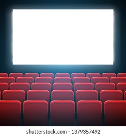 Creative Illustration Of Movie Cinema Screen Frame And Theater Interior. Art Design Premiere Poster Background, Lights And Rows Red Seats. Abstract Concept Graphic Scene Element