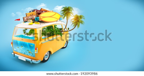 Creative Illustration of\
traveling theme. Minivan with luggage and tropical island inside.\
Underwater\
world.