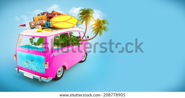 Creative\
Illustration of traveling theme. Pink Minivan with luggage and\
tropical island inside. Underwater\
world.