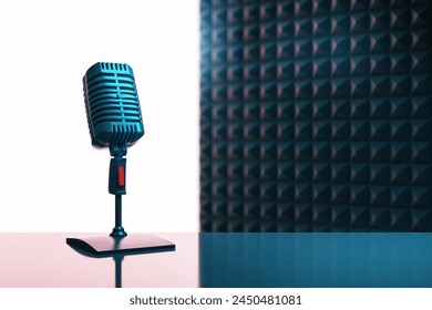 Creative image with mic and mock up place on blue backdrop. Podcast ad and voiceover concept. 3D Rendering - Powered by Shutterstock