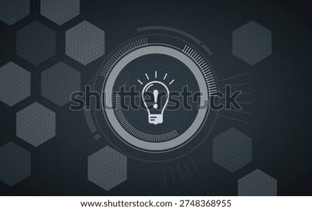 Creative innovation and problem solving concept with an exclamation mark inside a lightbulb icon centered in a futuristic digital HUD ring. Dark hexagon background representing smart thinking, genius ideas, alert, warning, and technical solutions in a modern digital environment.