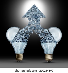 Creative Innovation Success As Two Open Glass Light Bulbs Releasing Gears And Cogs Coming Together In The Shape Of An Upward Arrow As A Symbol Of Brainstorming New Ideas And Technology Development.