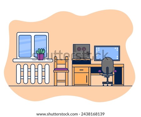 Creative interior. 2-d cartoon cute gamer game room with window and battery
