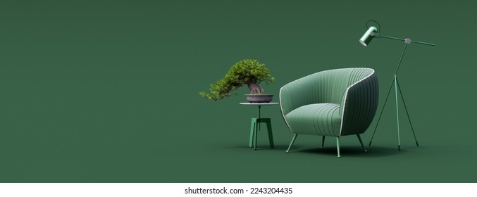 Creative interior design in green studio with armchair. Minimal color concept. 3d render 3d illustration