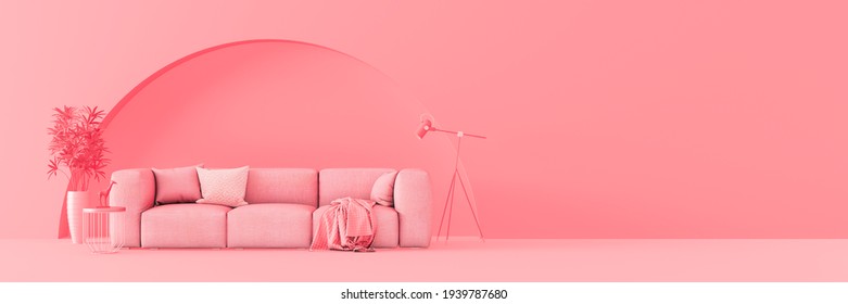 Creative Interior Design In Pink Studio With Comfortable Sofa.  Modern Living Room Minimal Concept 3d Render 3d Illustration