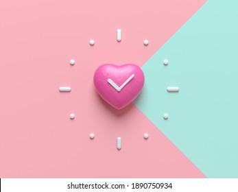 Creative layout made of colorful heart clock on pink and green background. Minimal love concept with copy space. Border arrangement. happy valentine's day. 3d render