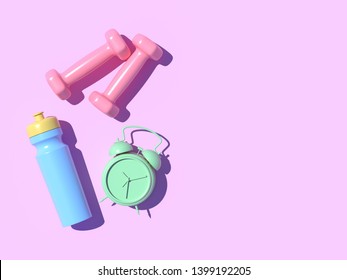 Creative layout made of colorful Sport tools on pink pastel background. Concept flat lay sport. Minimal fitness idea. 3d illustration
