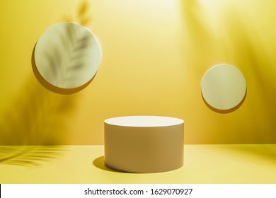 Creative Layout Made Of Yellow Studio Background For Product Placement Or Display With A Circular Plinth In Front Of Two Blank Round Wall Plaques With The Shadows Of Palm Tree Fronds.