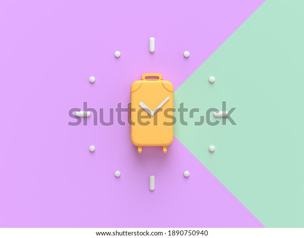 Creative layout made of yellow travel case on\
purple and green background. Minimal trip concept with copy space.\
Border arrangement. 3d\
render