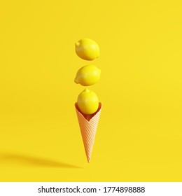 Creative Lemons Ice Cream On Yellow Background. Summer Fruit. 3d Illustration	