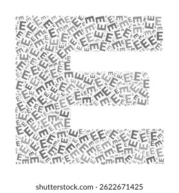 Creative letter E typography collage composed of multiple scattered letters in various sizes and grayscale tones, forming a bold uppercase shape on a white background.