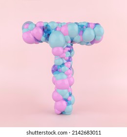 Creative letter T concept made of colorful pastel balloons. Balloon font concept on pastel pink background. 3D Illustration.
