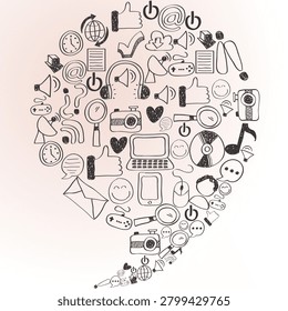 A creative light bulb made from hand-drawn digital media and communication icons, symbolizing innovation, technology, social networking, connectivity, and the power of ideas. This minimalist doodle illustration represents modern communication, online interaction, creativity, and digital transformation in a simple yet engaging artistic style.