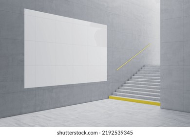 Creative light concrete tile interior with stairs and mock up banner on wall. School hallway and corridor concept. 3D Rendering